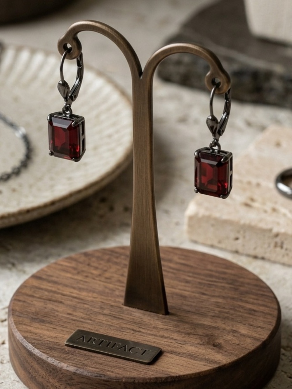 Red Garnet-Tone Crystal Drop Earrings Gunmetal Boho Statement - Picture 2 of 3